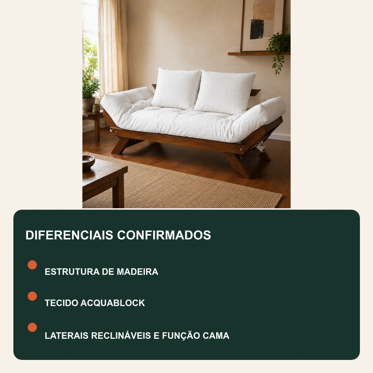 Sof� Cama Reclin�vel Futon Jap�o - Madeira Imbuia Tecido Acquablock Cor Branco Off - diferenciais