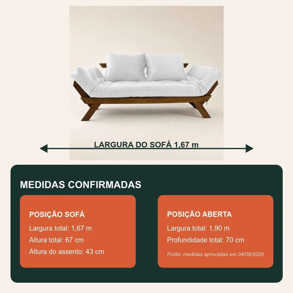 Sof� Cama Reclin�vel Futon Jap�o - Madeira Imbuia Tecido Acquablock Cor Branco Off - medidas