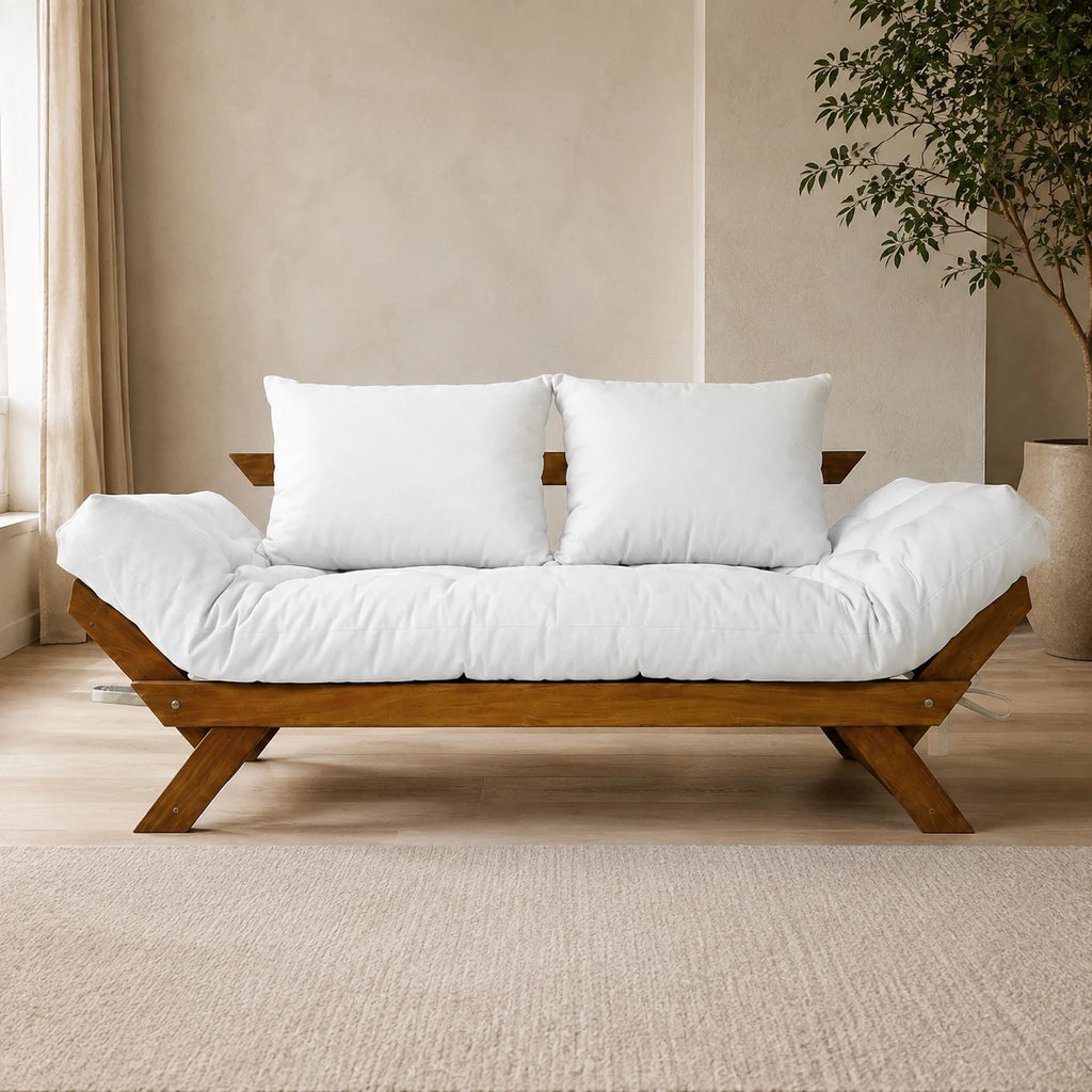 Sof� Cama Reclin�vel Futon Jap�o - Madeira Imbuia Tecido Acquablock Cor Branco Off - reclinada