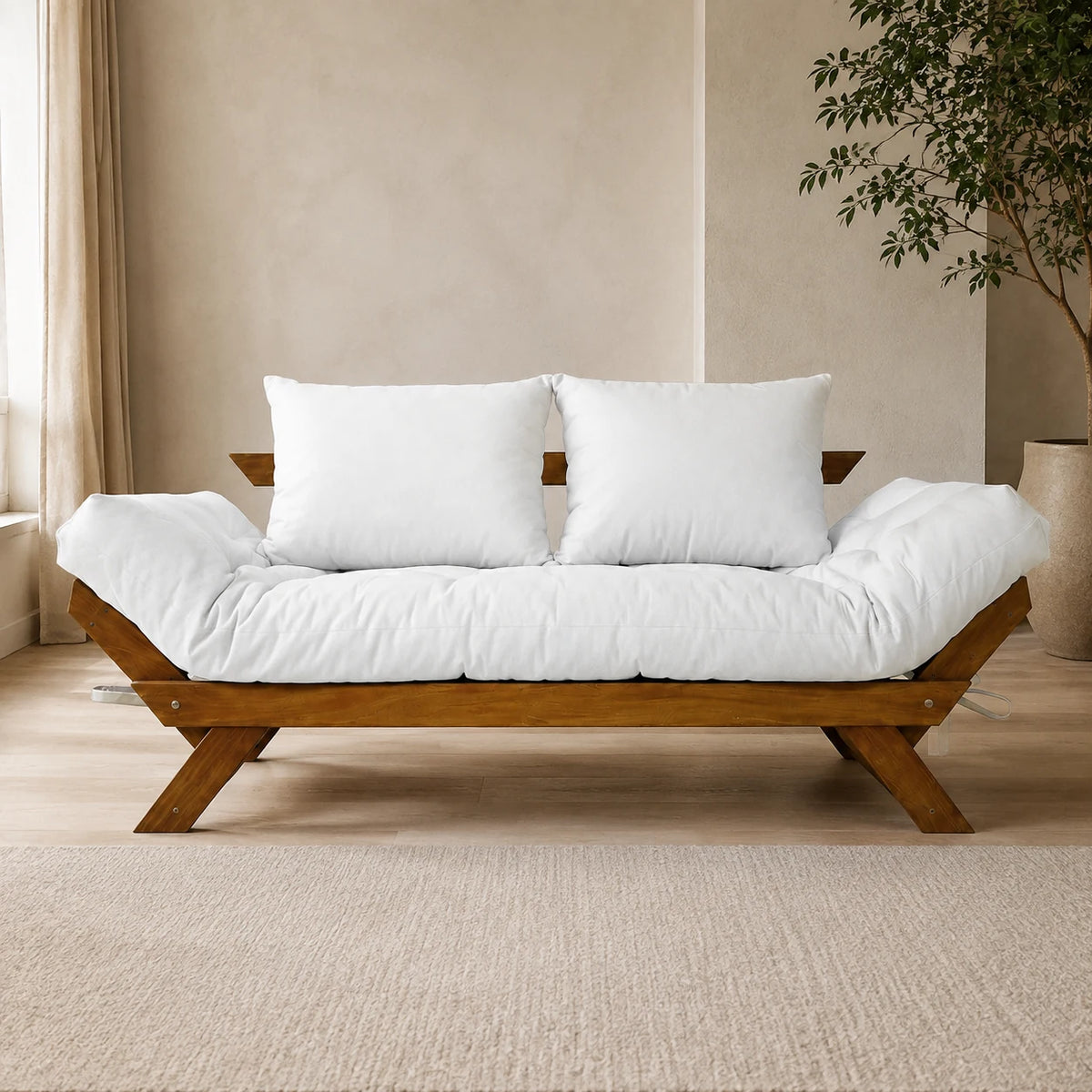 Sof� Cama Reclin�vel Futon Jap�o - Madeira Imbuia Tecido Acquablock Cor Branco Off - reclinada