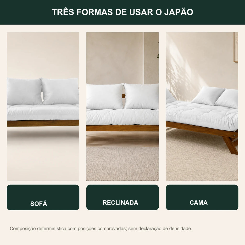 Sof� Cama Reclin�vel Futon Jap�o - Madeira Imbuia Tecido Acquablock Cor Branco Off - transformacao