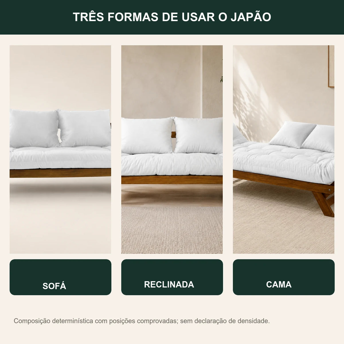 Sof� Cama Reclin�vel Futon Jap�o - Madeira Imbuia Tecido Acquablock Cor Branco Off - transformacao