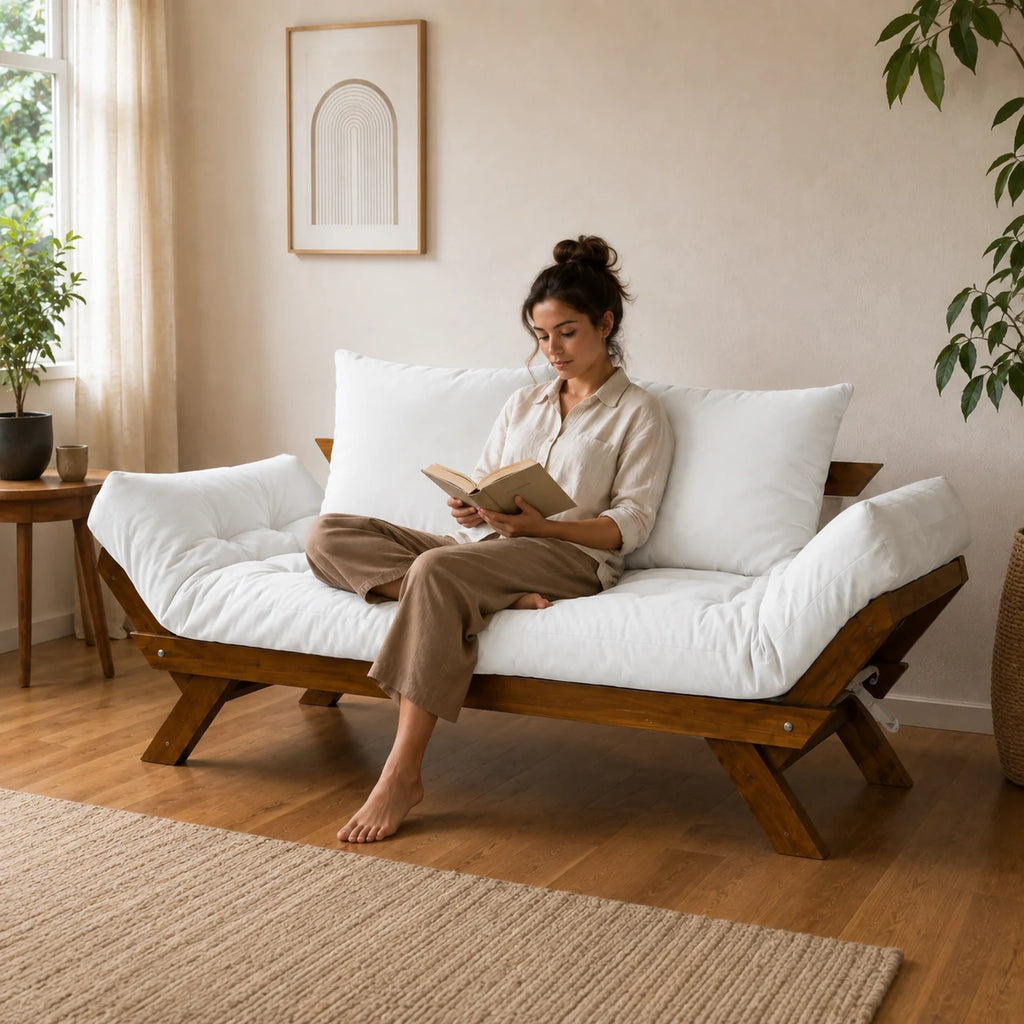 Sof� Cama Reclin�vel Futon Jap�o - Madeira Imbuia Tecido Acquablock Cor Branco Off - uso-real