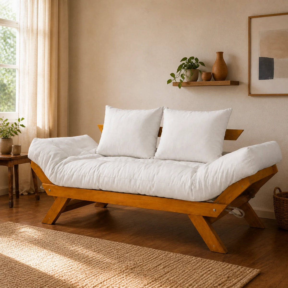 Sof� Cama Futon Reclin�vel Jap�o - Madeira Nobre Natural Tecido Acquablock Cor Branco Off - ambientada