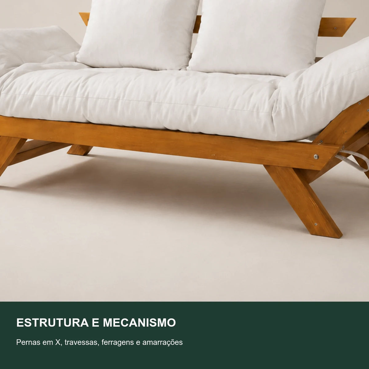 Sof� Cama Futon Reclin�vel Jap�o D33 - Madeira Nobre Mel Tecido Acquablock Cor Branco Off - detalhe-mecanismo