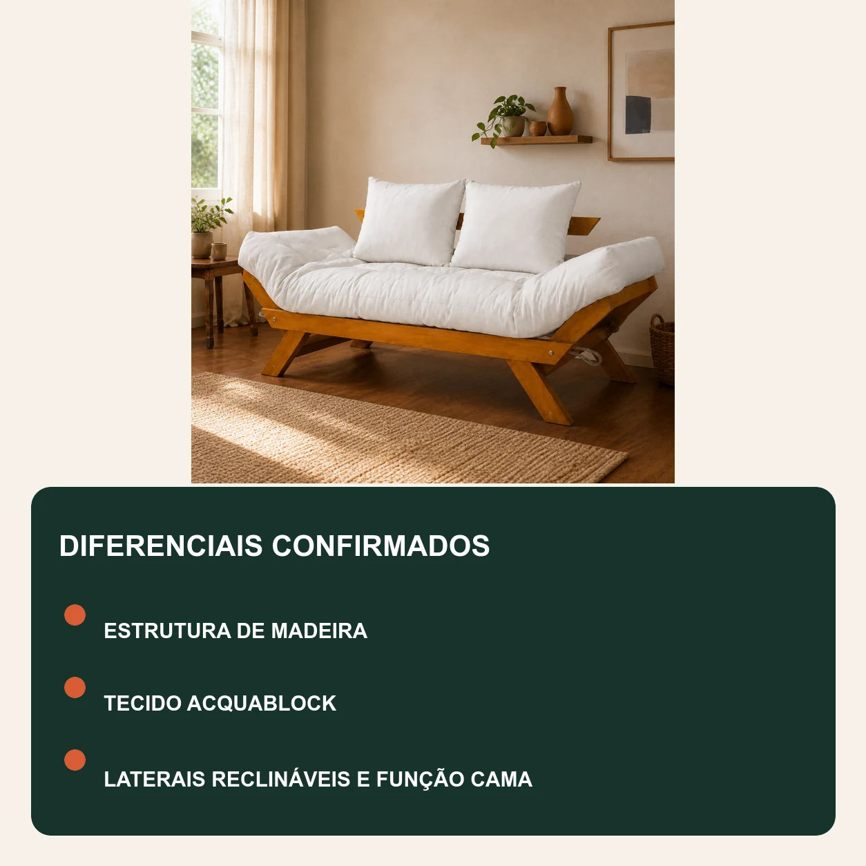 Sof� Cama Futon Reclin�vel Jap�o D33 - Madeira Nobre Mel Tecido Acquablock Cor Branco Off - diferenciais