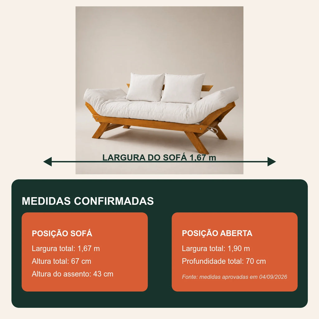Sof� Cama Futon Reclin�vel Jap�o - Madeira Nobre Natural Tecido Acquablock Cor Branco Off - medidas