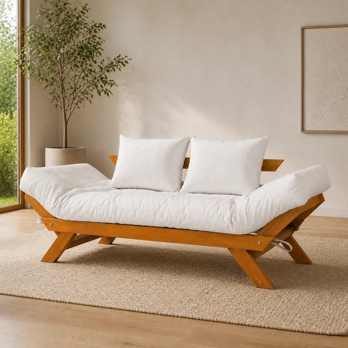 Sof� Cama Futon Reclin�vel Jap�o - Madeira Nobre Natural Tecido Acquablock Cor Branco Off - reclinada