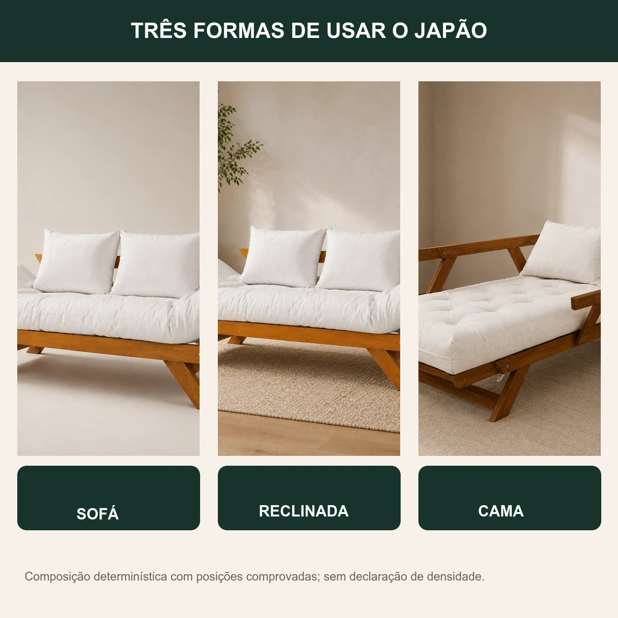 Sof� Cama Futon Reclin�vel Jap�o - Madeira Nobre Natural Tecido Acquablock Cor Branco Off - transformacao