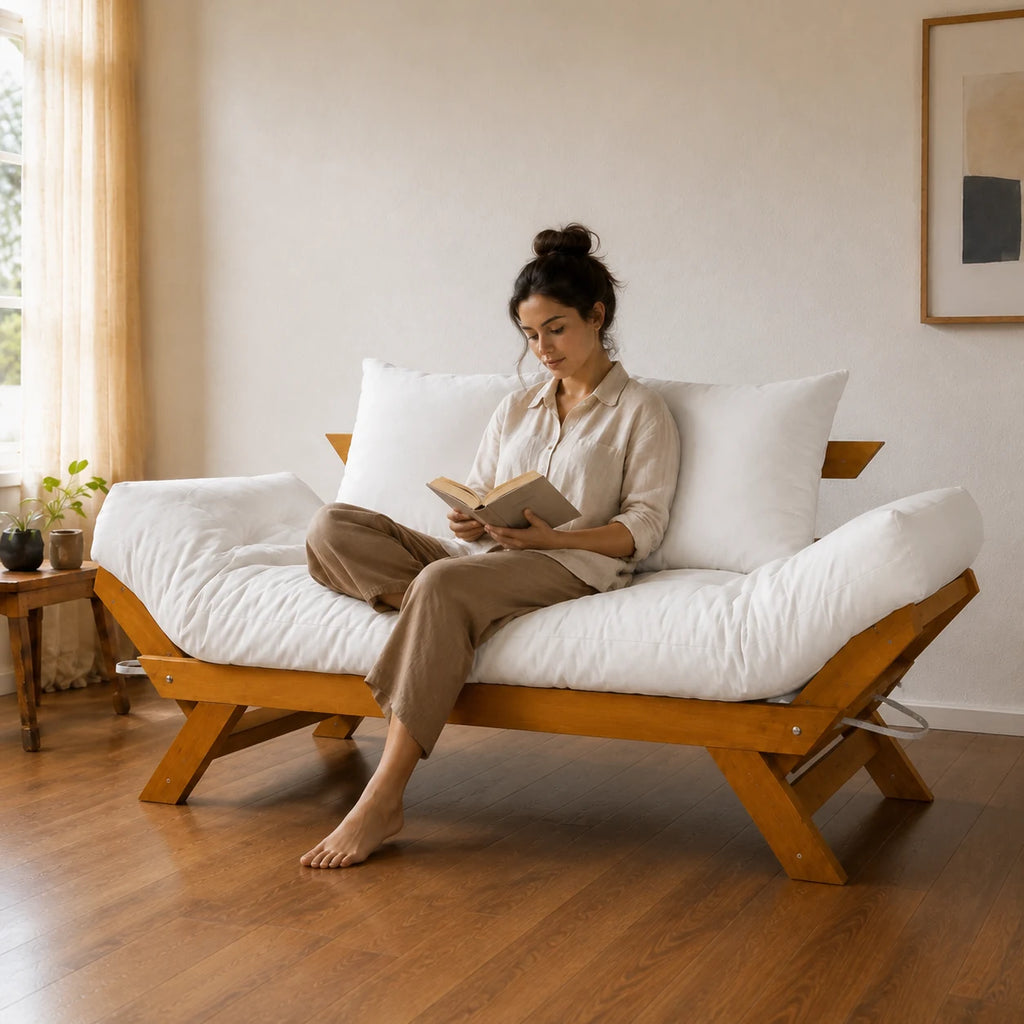 Sof� Cama Futon Reclin�vel Jap�o - Madeira Nobre Natural Tecido Acquablock Cor Branco Off - uso-real