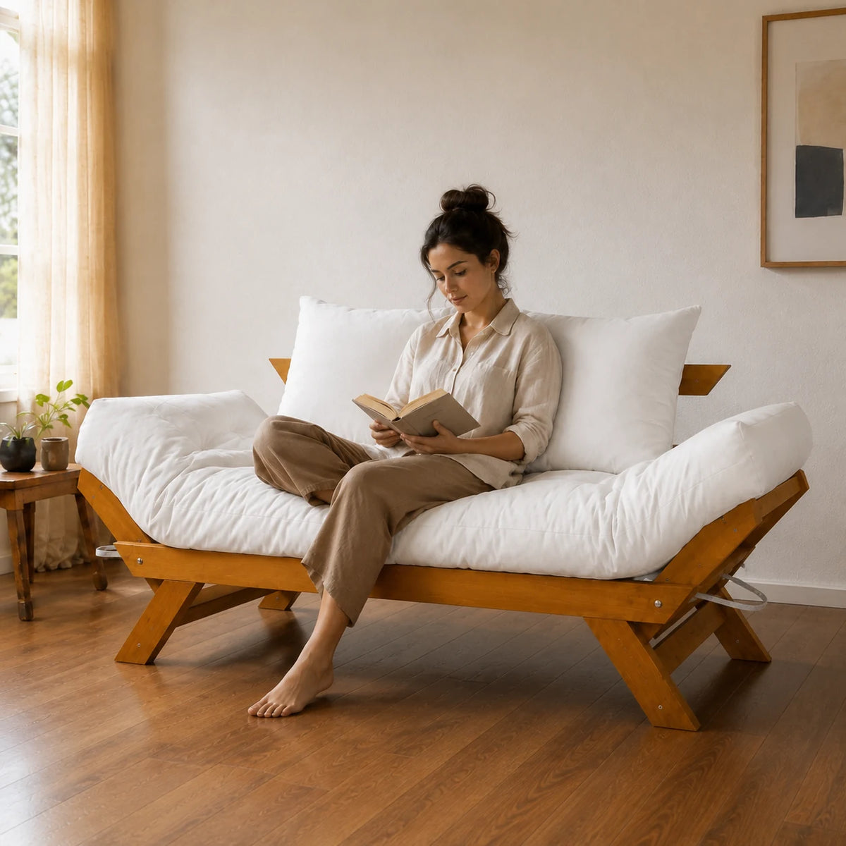 Sof� Cama Futon Reclin�vel Jap�o - Madeira Nobre Natural Tecido Acquablock Cor Branco Off - uso-real