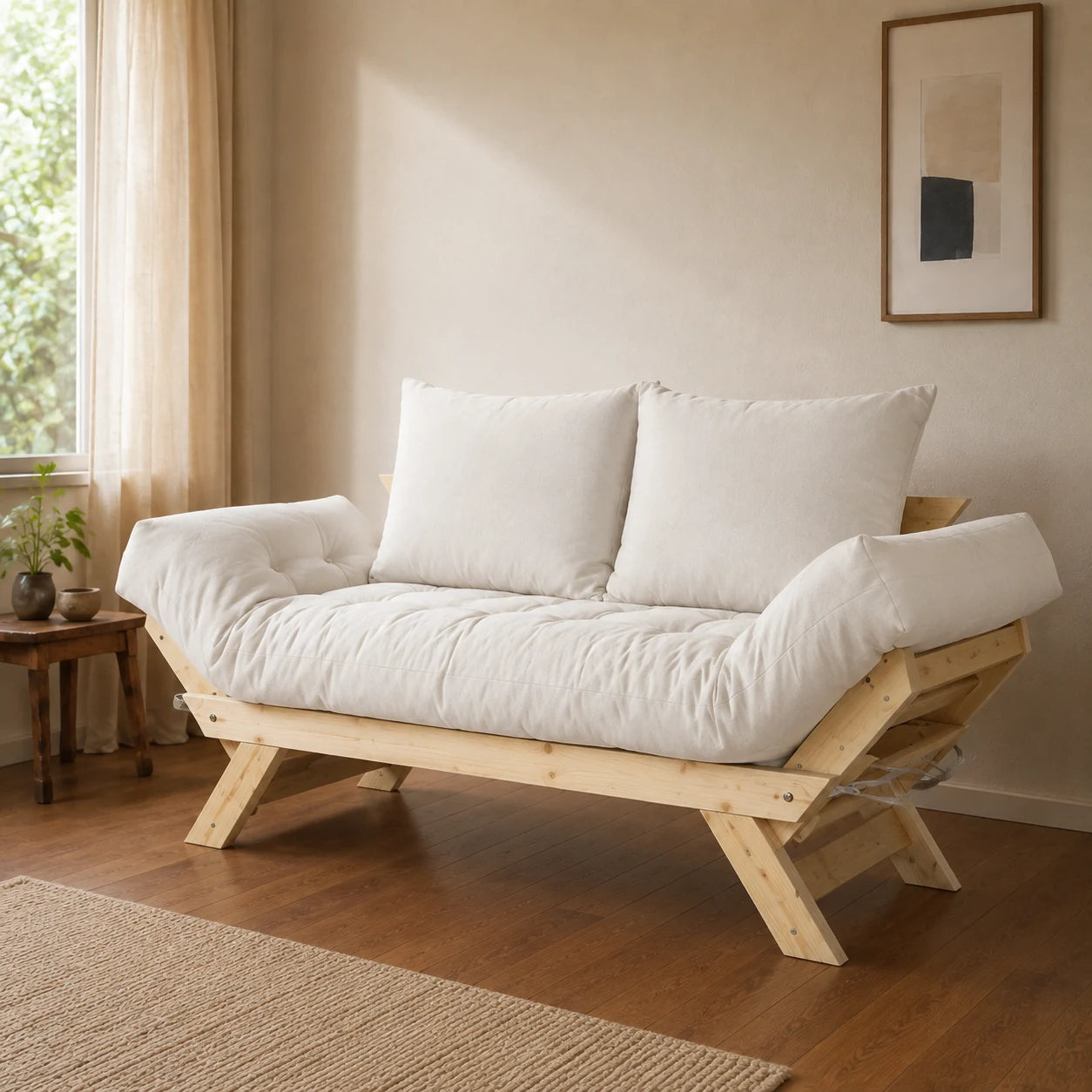 Sof� Cama Reclin�vel Futon Jap�o - Madeira Sem Pintura Tecido Acquablock Cor Branco Off - ambientada