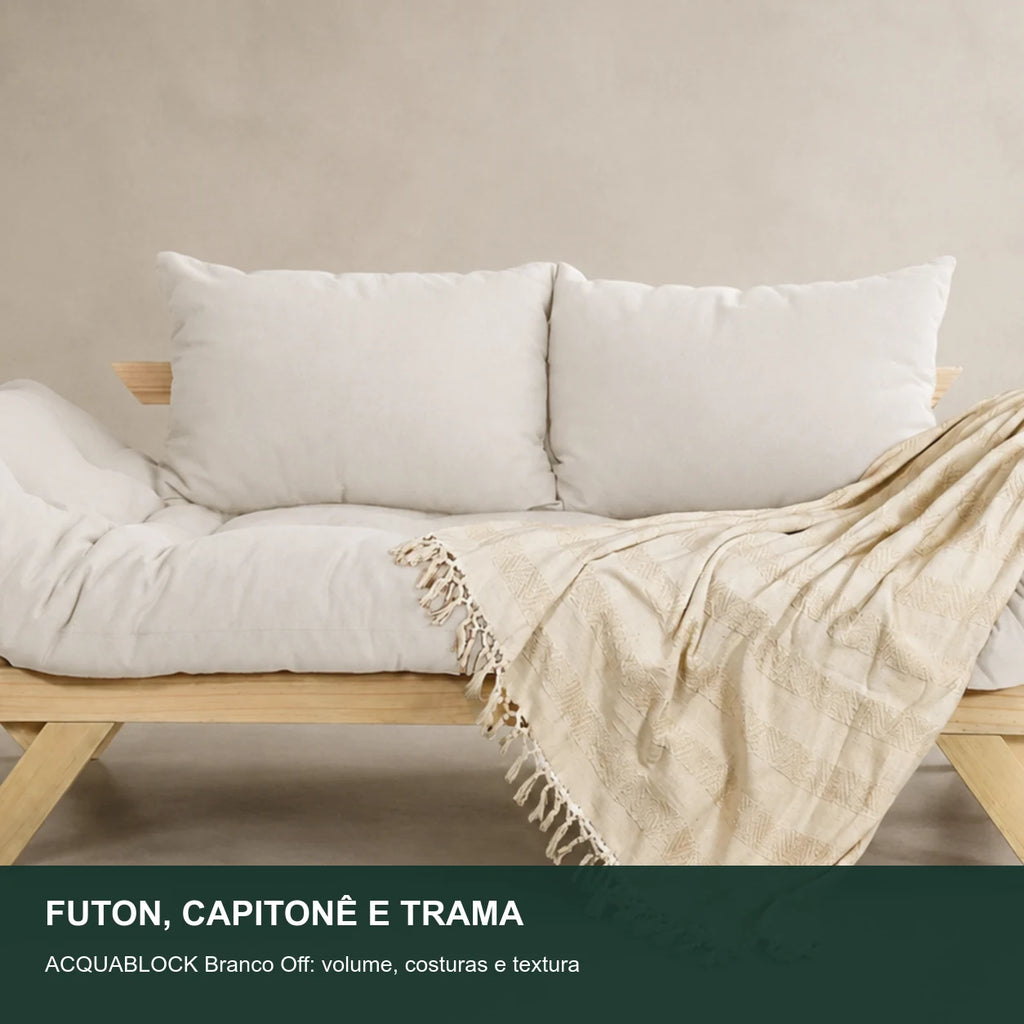Sof� Cama Reclin�vel Futon Jap�o - Madeira Sem Pintura Tecido Acquablock Cor Branco Off - detalhe-capitone