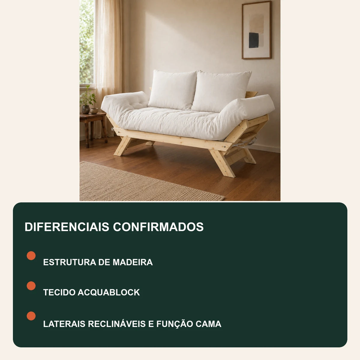 Sof� Cama Reclin�vel Futon Jap�o - Madeira Sem Pintura Tecido Acquablock Cor Branco Off - diferenciais