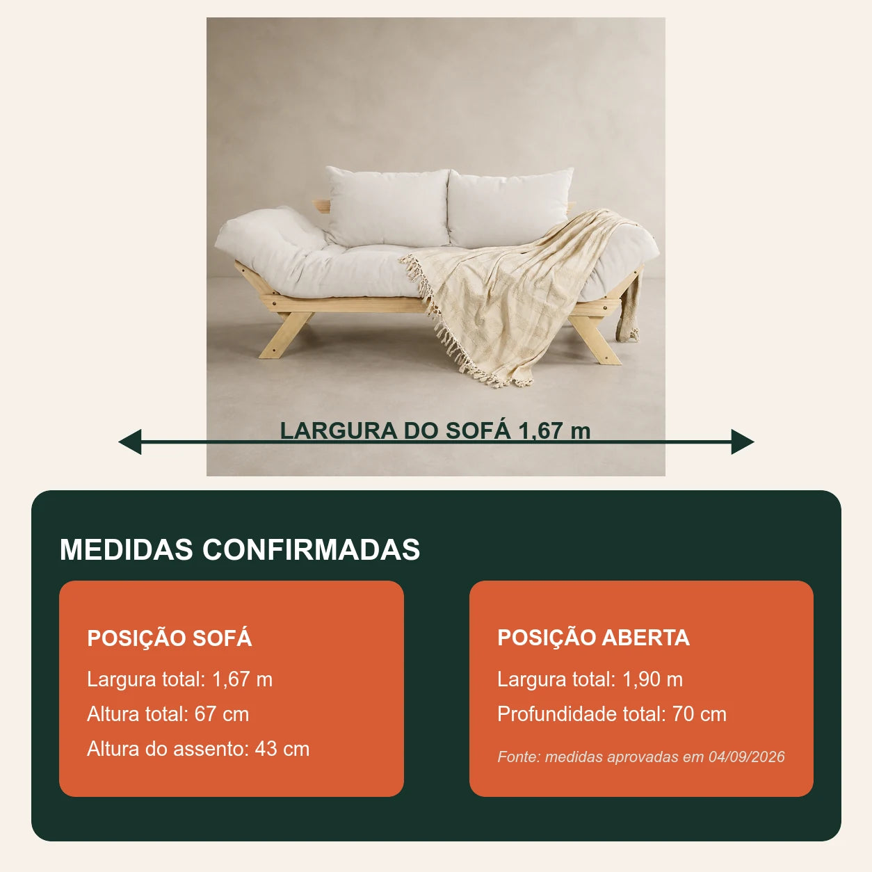 Sof� Cama Reclin�vel Futon Jap�o - Madeira Sem Pintura Tecido Acquablock Cor Branco Off - medidas