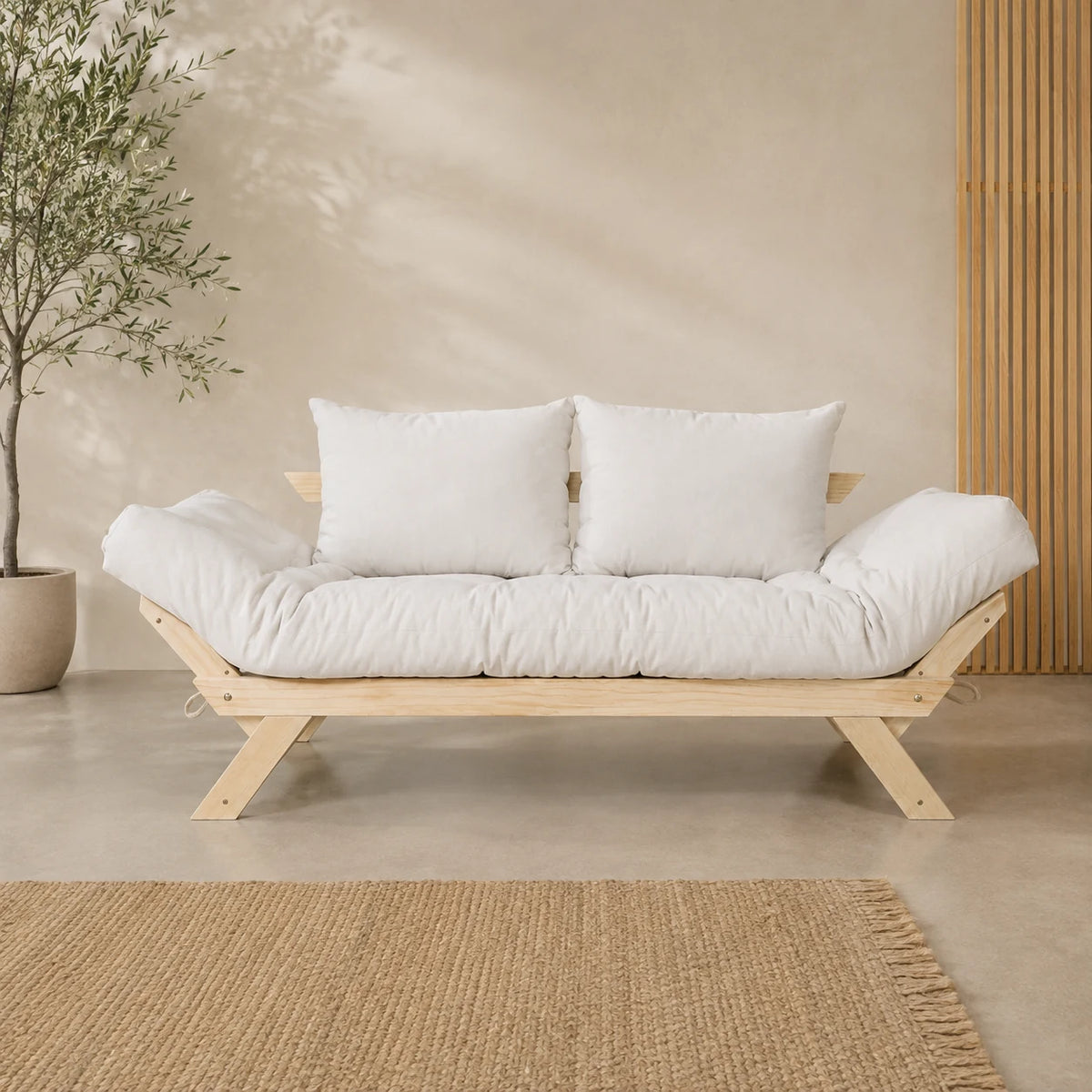 Sof� Cama Reclin�vel Futon Jap�o - Madeira Sem Pintura Tecido Acquablock Cor Branco Off - reclinada