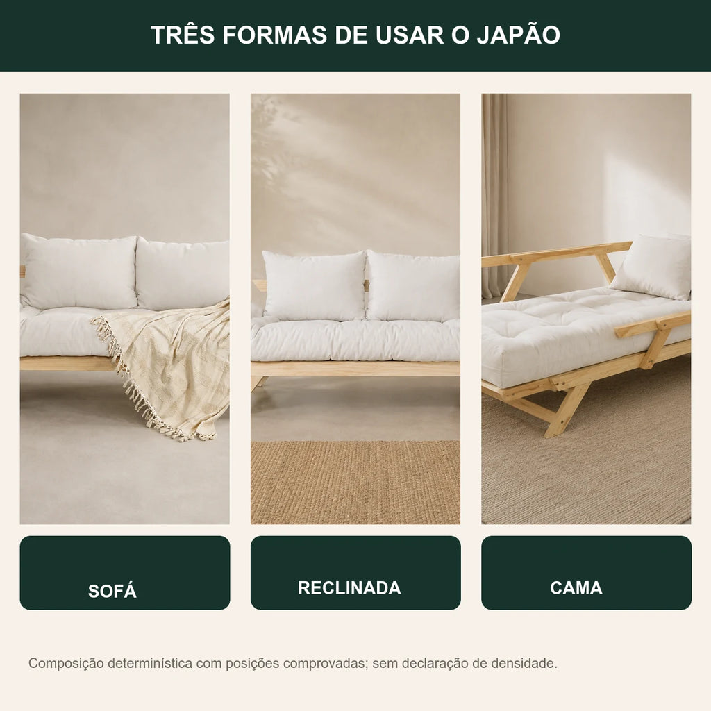 Sof� Cama Reclin�vel Futon Jap�o - Madeira Sem Pintura Tecido Acquablock Cor Branco Off - transformacao