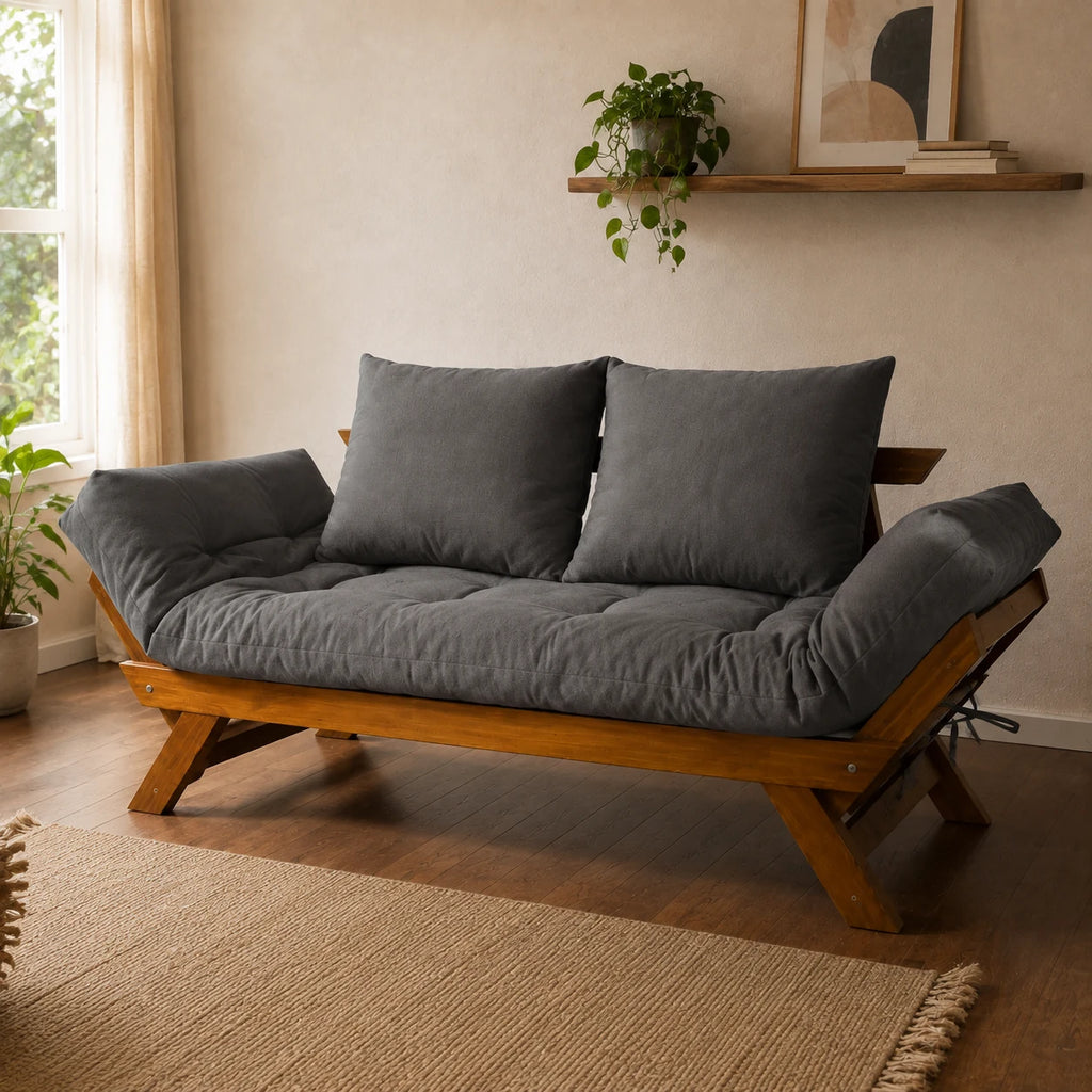Sof� Cama Reclin�vel Futon Jap�o - Madeira Imbuia Tecido Acquablock Cor Chumbo - ambientada