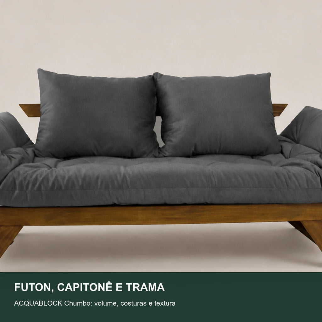 Sof� Cama Reclin�vel Futon Jap�o - Madeira Imbuia Tecido Acquablock Cor Chumbo - detalhe-capitone