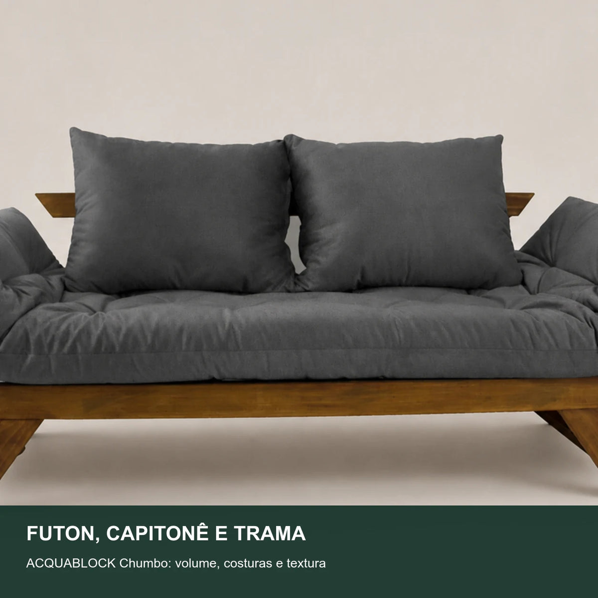 Sof� Cama Reclin�vel Futon Jap�o - Madeira Imbuia Tecido Acquablock Cor Chumbo - detalhe-capitone