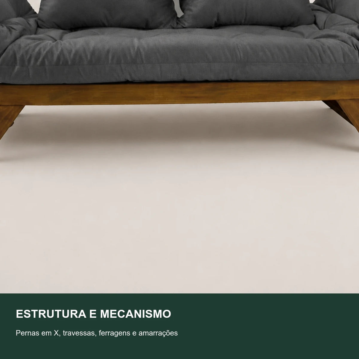Sof� Cama Reclin�vel Futon Jap�o - Madeira Imbuia Tecido Acquablock Cor Chumbo - detalhe-mecanismo