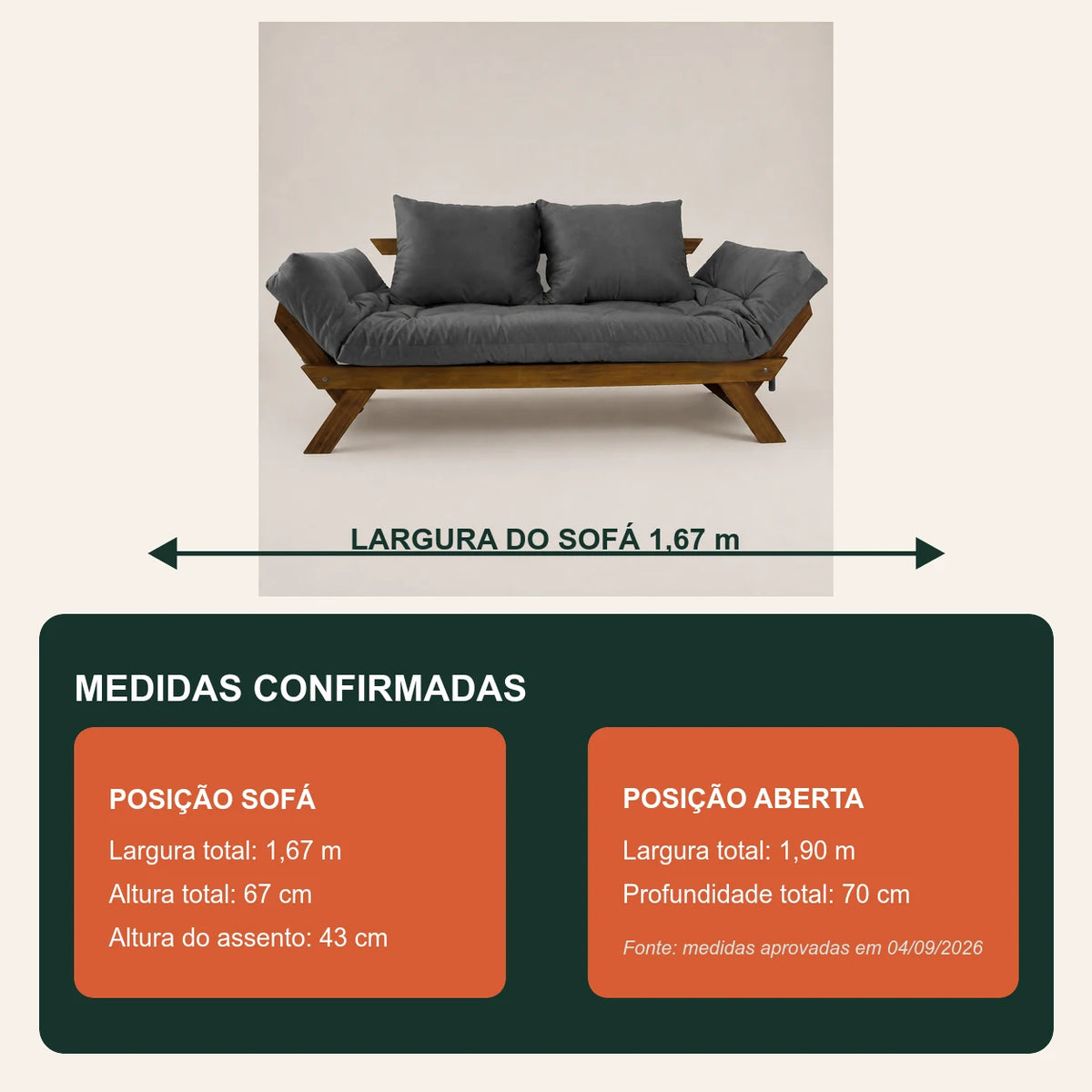 Sof� Cama Reclin�vel Futon Jap�o - Madeira Imbuia Tecido Acquablock Cor Chumbo - medidas