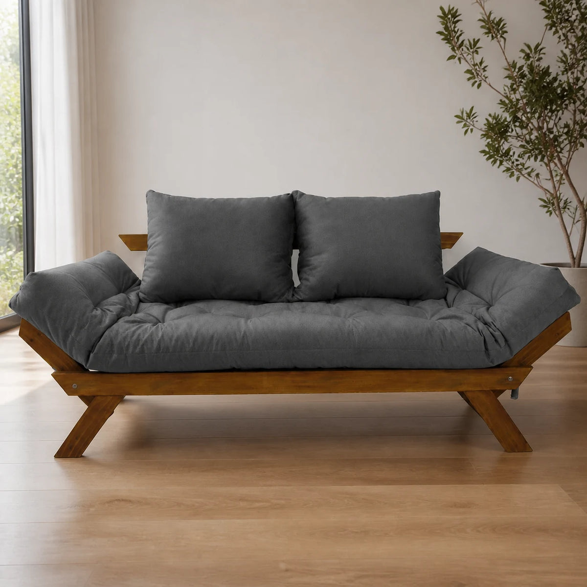 Sof� Cama Reclin�vel Futon Jap�o - Madeira Imbuia Tecido Acquablock Cor Chumbo - reclinada