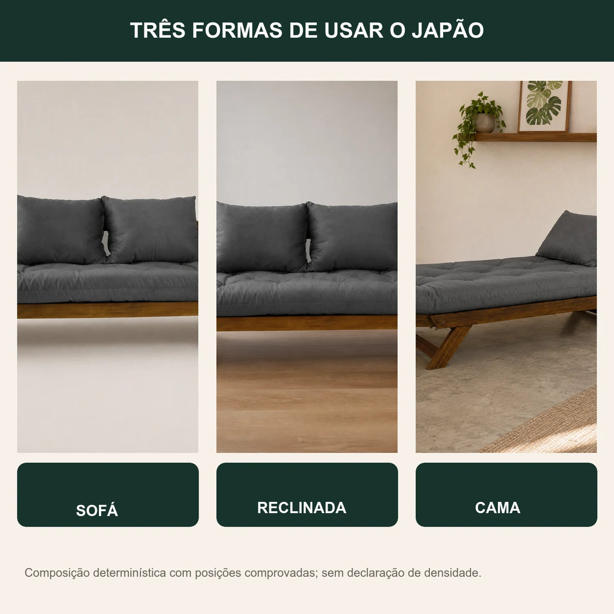 Sof� Cama Reclin�vel Futon Jap�o - Madeira Imbuia Tecido Acquablock Cor Chumbo - transformacao