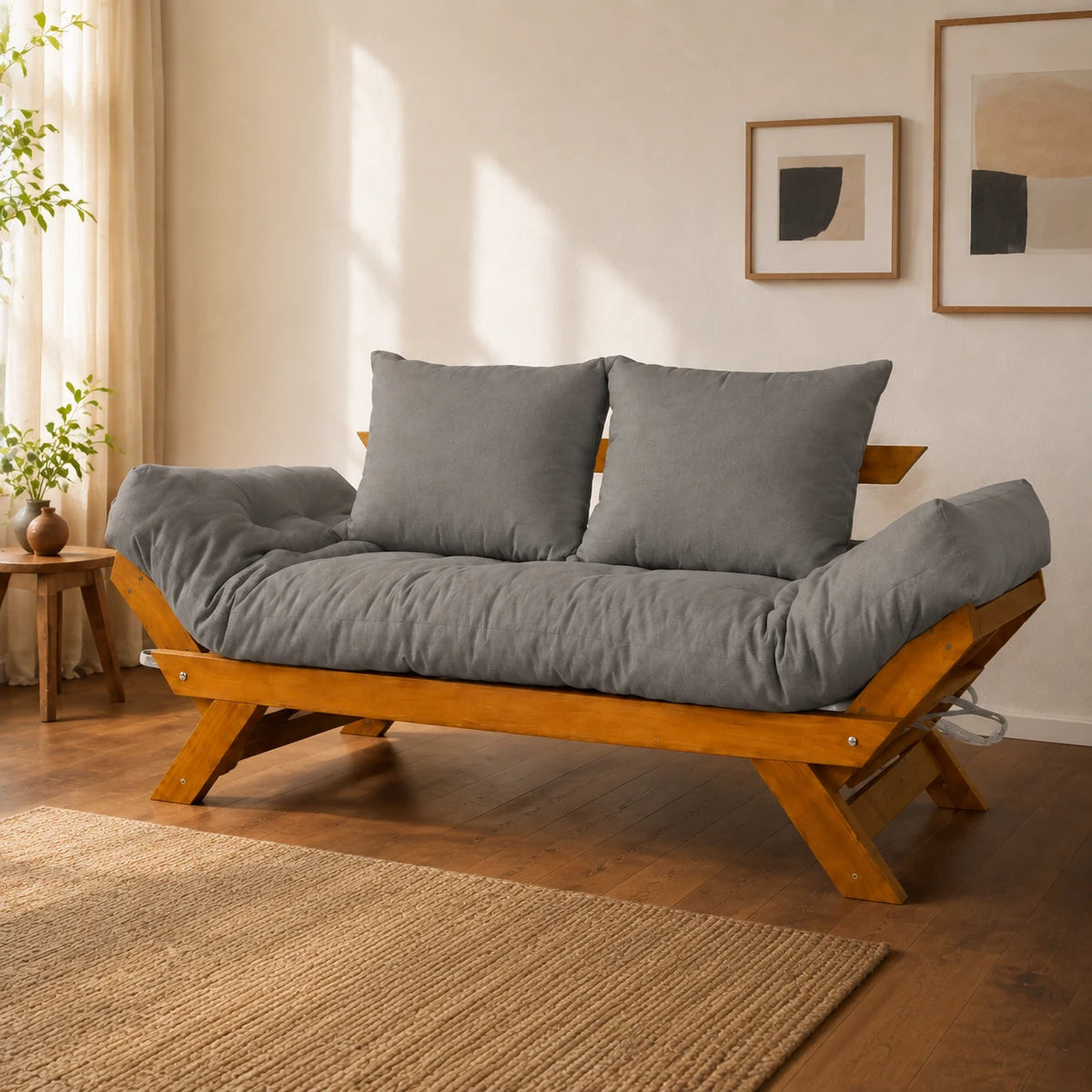 Sof� Cama Futon Reclin�vel Jap�o - Madeira Nobre Natural Tecido Acquablock Cor Chumbo - ambientada