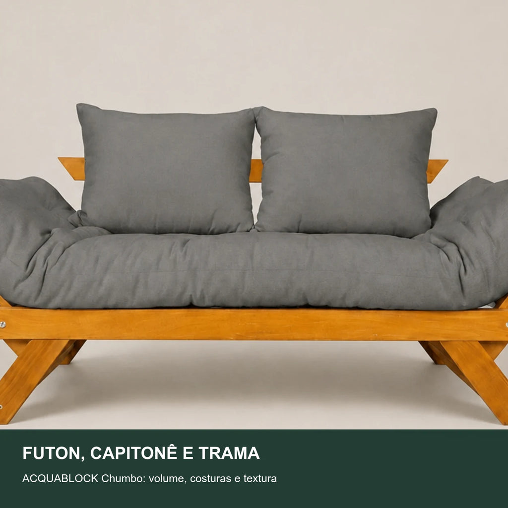 Sof� Cama Futon Reclin�vel Jap�o - Madeira Nobre Natural Tecido Acquablock Cor Chumbo - detalhe-capitone