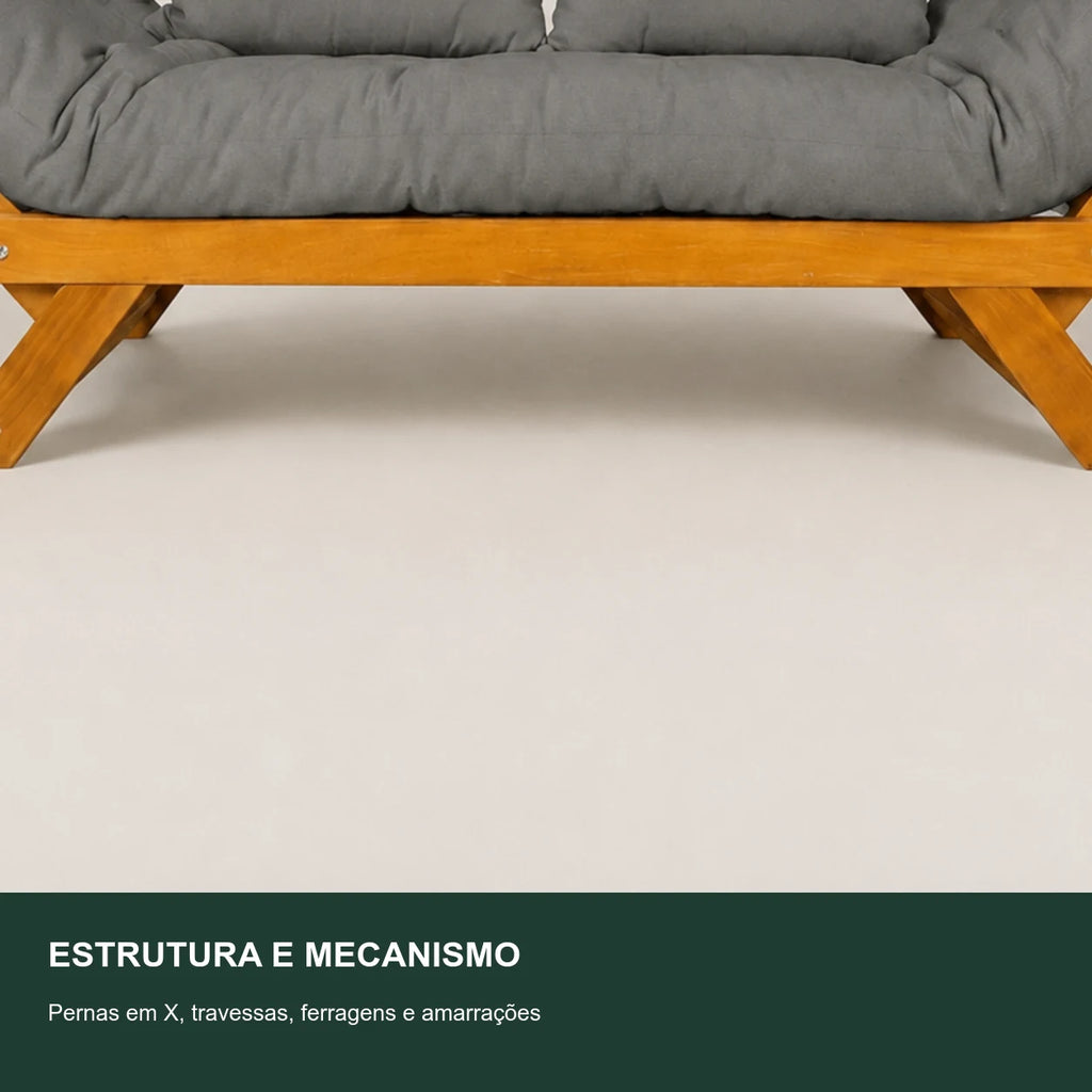 Sof� Cama Futon Reclin�vel Jap�o - Madeira Nobre Natural Tecido Acquablock Cor Chumbo - detalhe-mecanismo