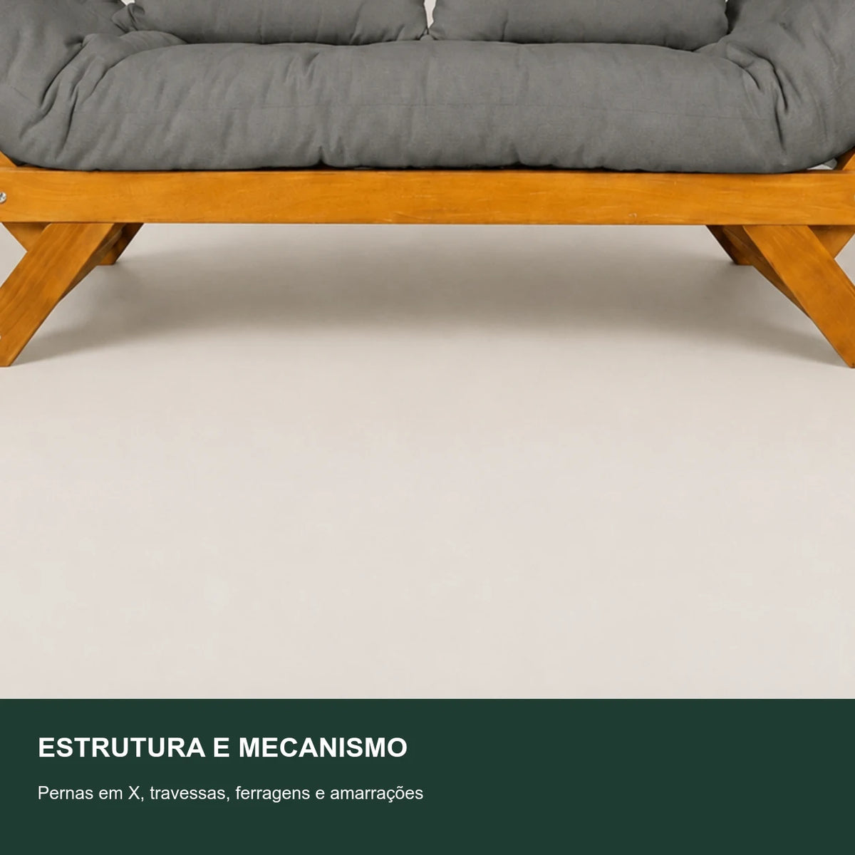 Sof� Cama Futon Reclin�vel Jap�o - Madeira Nobre Natural Tecido Acquablock Cor Chumbo - detalhe-mecanismo