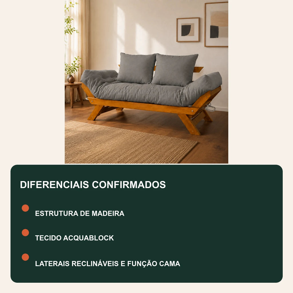 Sof� Cama Futon Reclin�vel Jap�o - Madeira Nobre Natural Tecido Acquablock Cor Chumbo - diferenciais