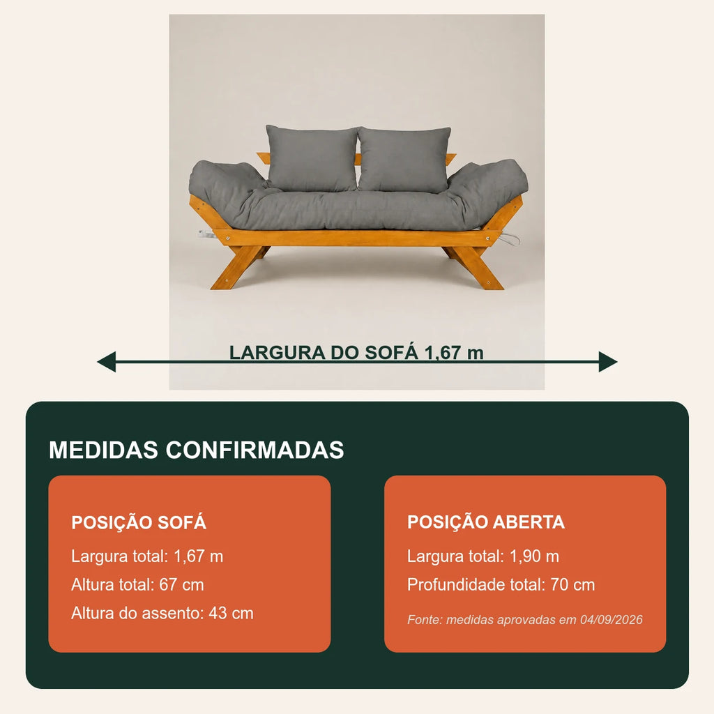 Sof� Cama Futon Reclin�vel Jap�o - Madeira Nobre Natural Tecido Acquablock Cor Chumbo - medidas