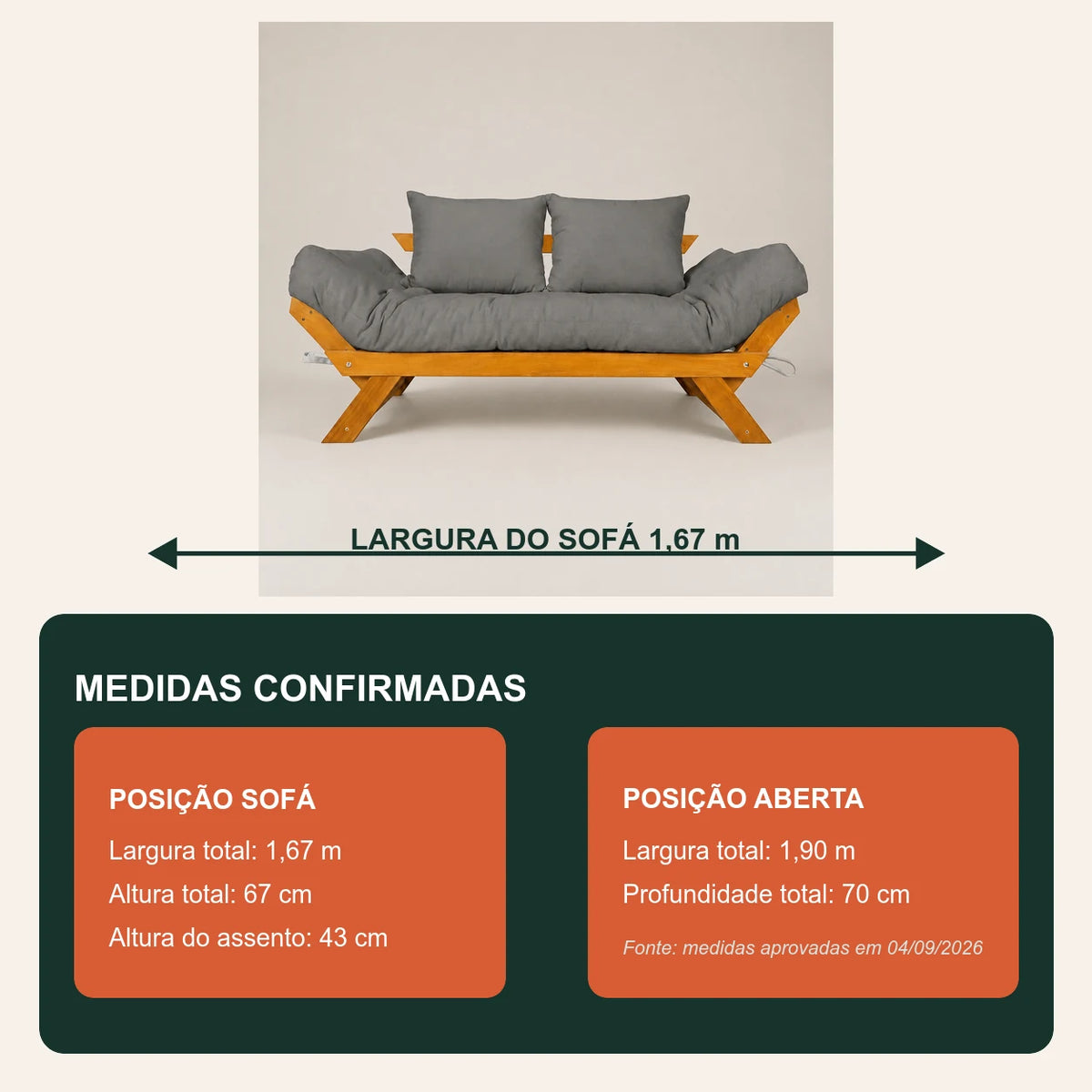 Sof� Cama Futon Reclin�vel Jap�o - Madeira Nobre Natural Tecido Acquablock Cor Chumbo - medidas