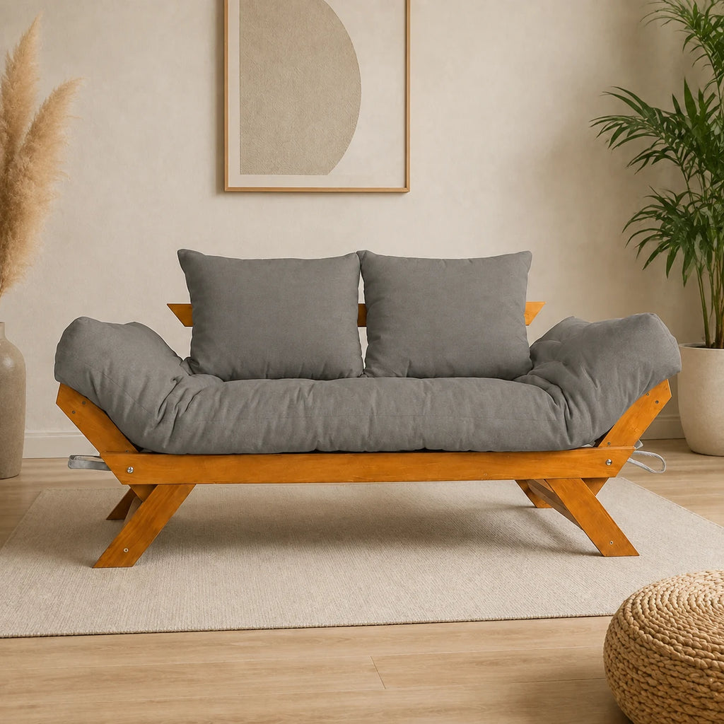 Sof� Cama Futon Reclin�vel Jap�o - Madeira Nobre Natural Tecido Acquablock Cor Chumbo - reclinada