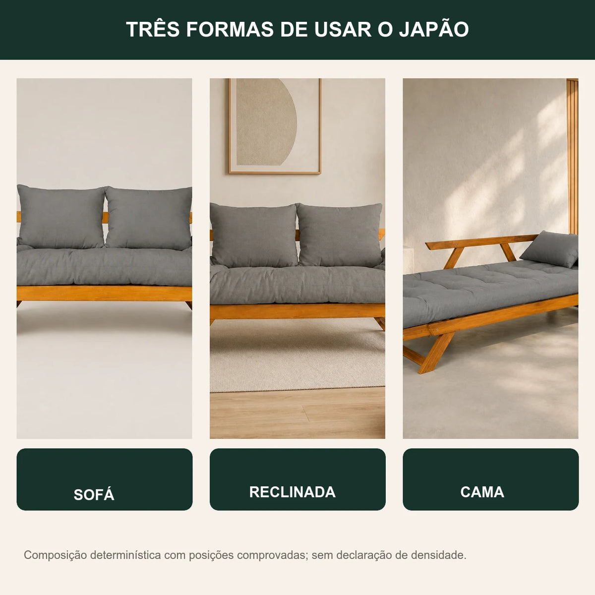 Sof� Cama Futon Reclin�vel Jap�o - Madeira Nobre Natural Tecido Acquablock Cor Chumbo - transformacao