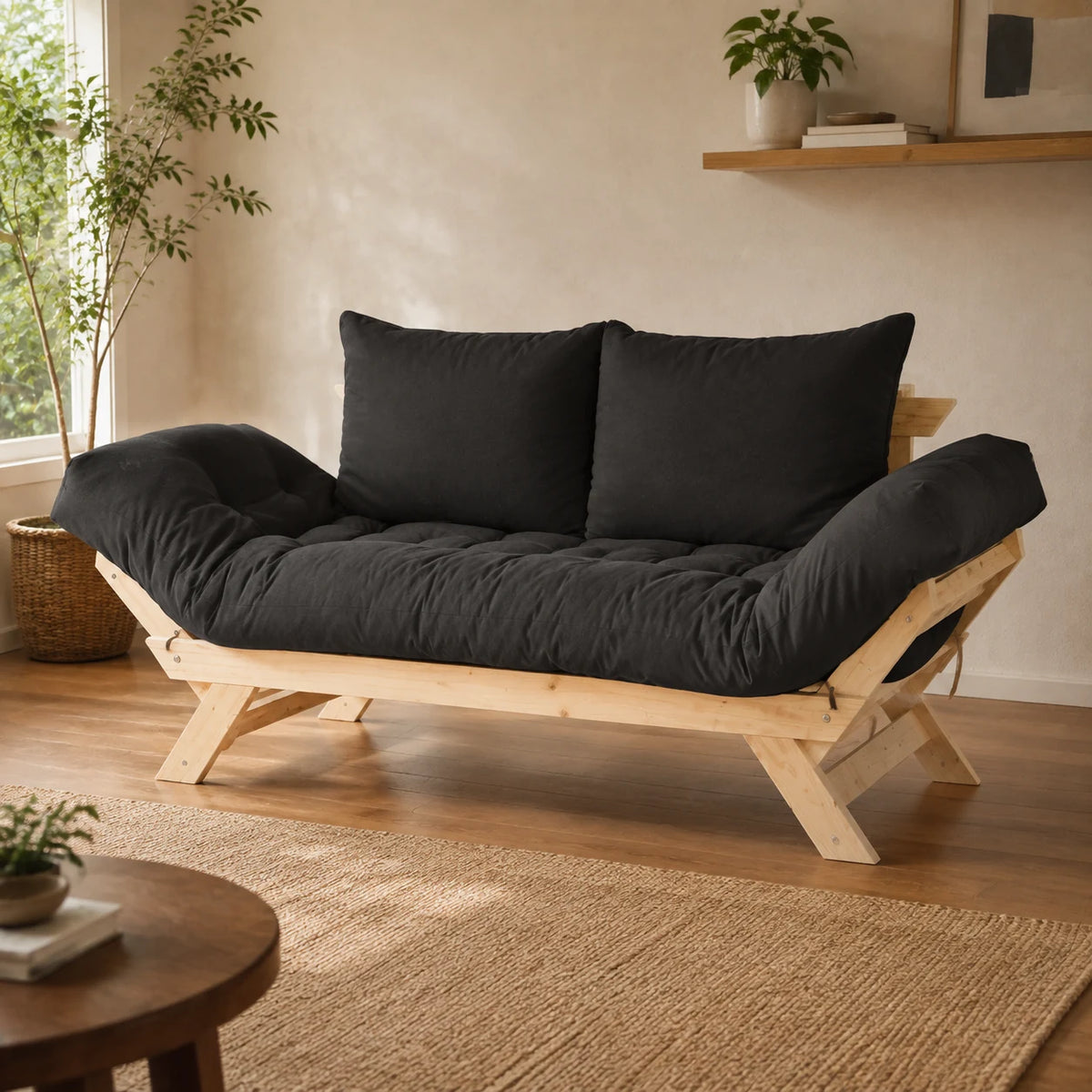 Sof� Cama Reclin�vel Futon Jap�o - Madeira Sem Pintura Tecido Acquablock Cor Chumbo - ambientada