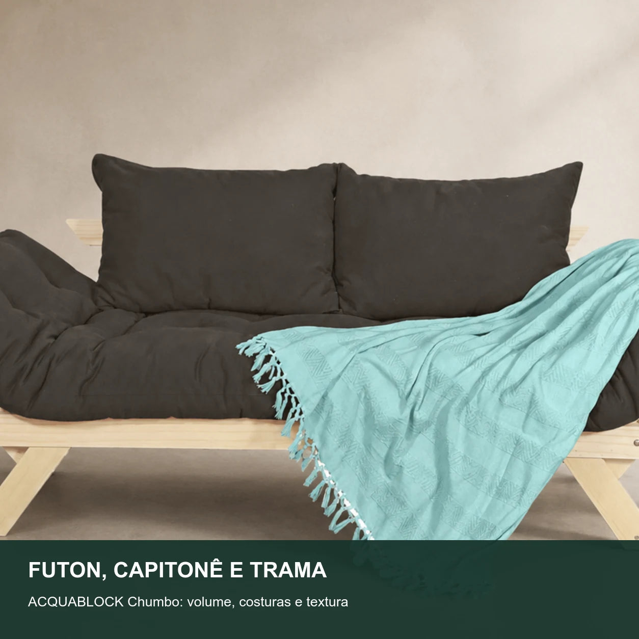 Sof� Cama Reclin�vel Futon Jap�o - Madeira Sem Pintura Tecido Acquablock Cor Chumbo - detalhe-capitone