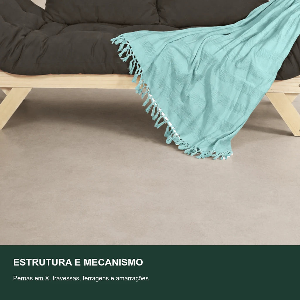 Sof� Cama Reclin�vel Futon Jap�o - Madeira Sem Pintura Tecido Acquablock Cor Chumbo - detalhe-mecanismo