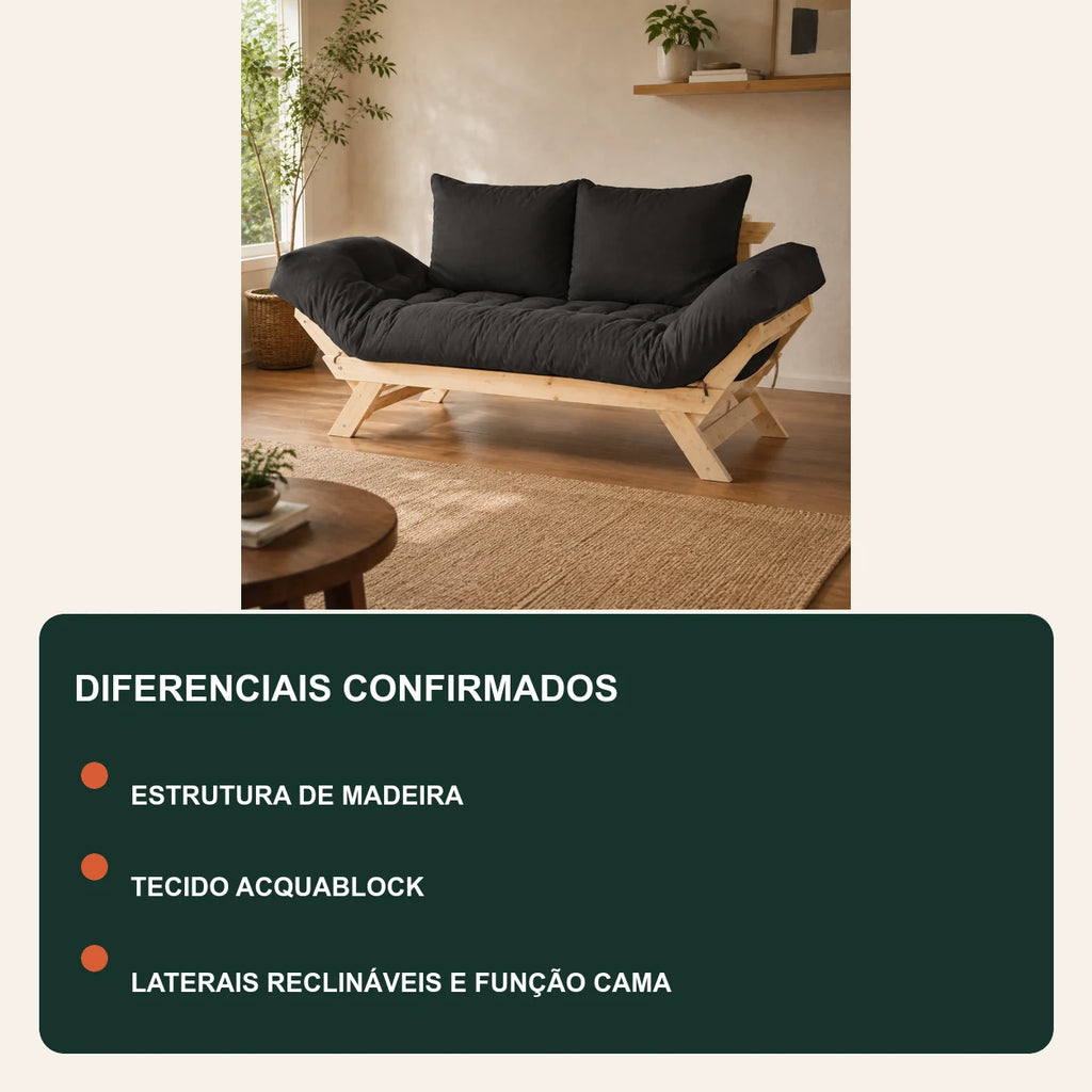Sof� Cama Reclin�vel Futon Jap�o - Madeira Sem Pintura Tecido Acquablock Cor Chumbo - diferenciais