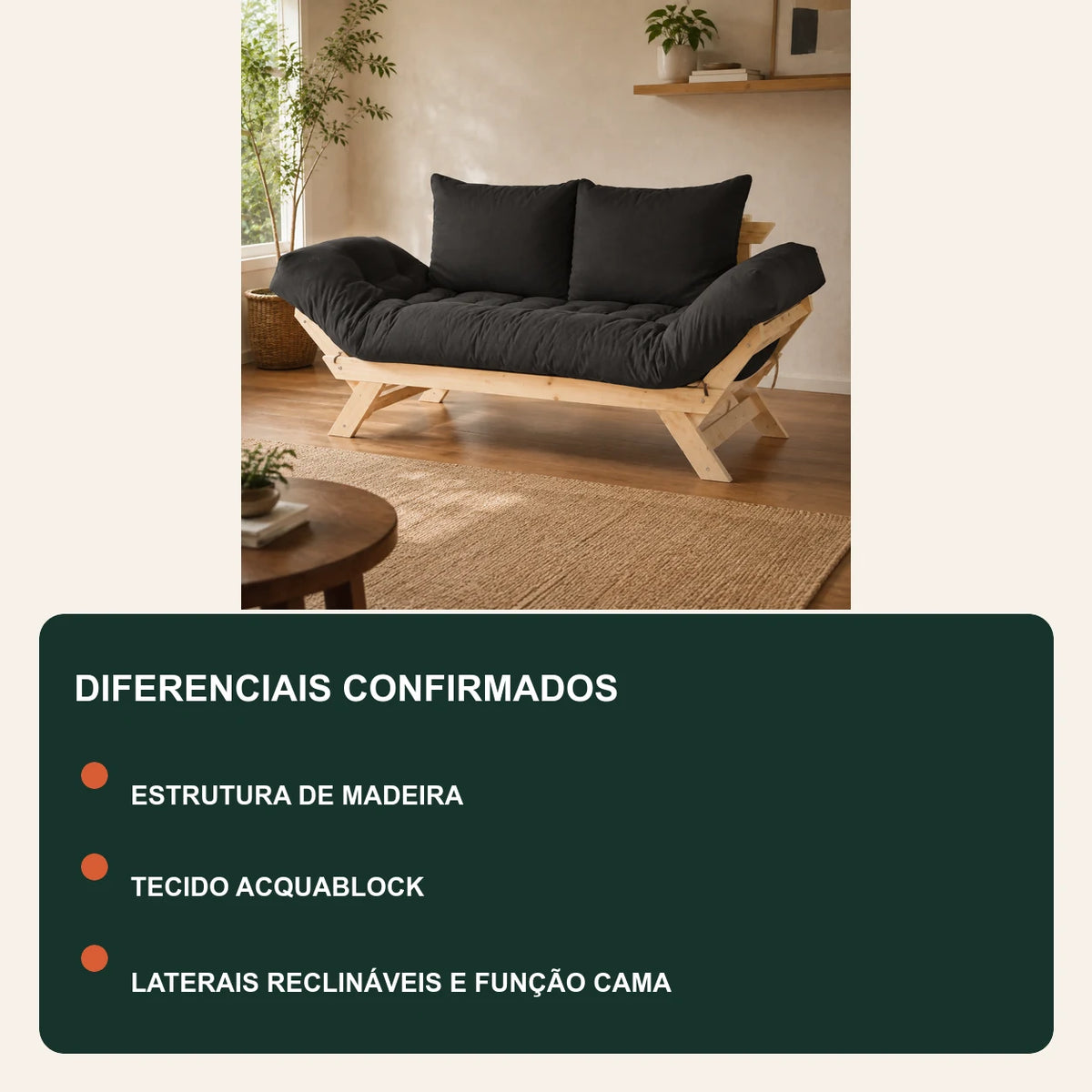 Sof� Cama Reclin�vel Futon Jap�o - Madeira Sem Pintura Tecido Acquablock Cor Chumbo - diferenciais