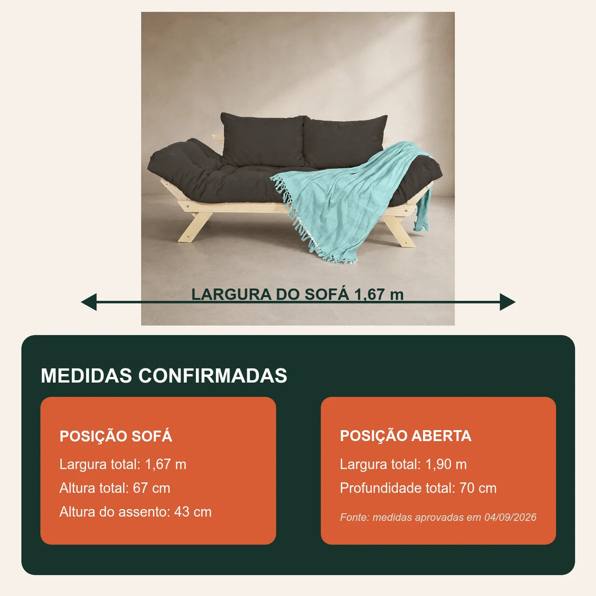 Sof� Cama Reclin�vel Futon Jap�o - Madeira Sem Pintura Tecido Acquablock Cor Chumbo - medidas