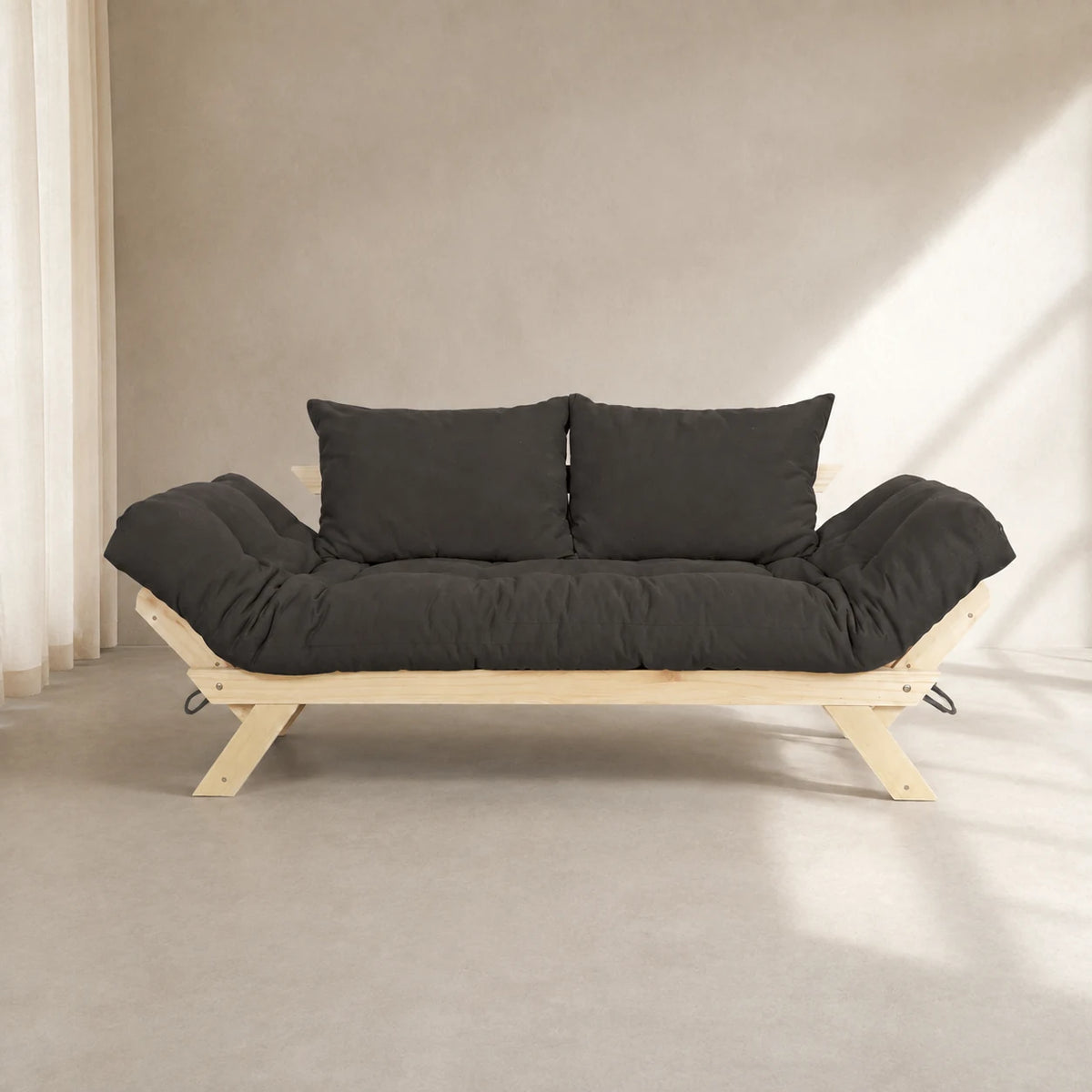 Sof� Cama Reclin�vel Futon Jap�o - Madeira Sem Pintura Tecido Acquablock Cor Chumbo - reclinada