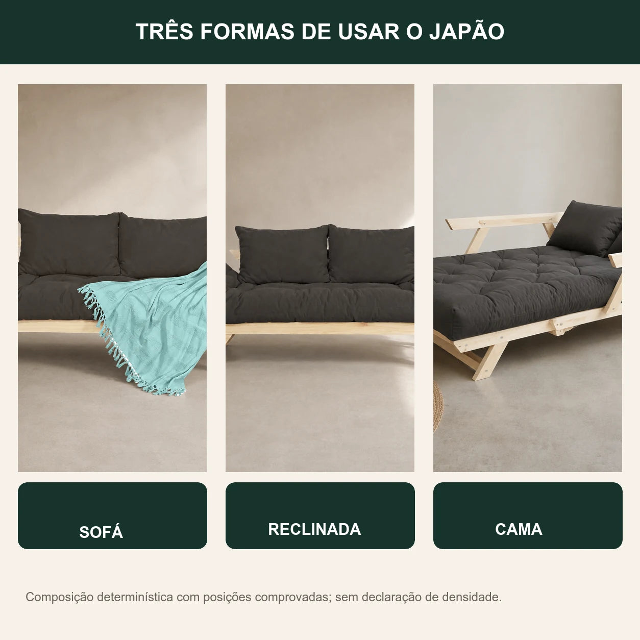 Sof� Cama Reclin�vel Futon Jap�o - Madeira Sem Pintura Tecido Acquablock Cor Chumbo - transformacao