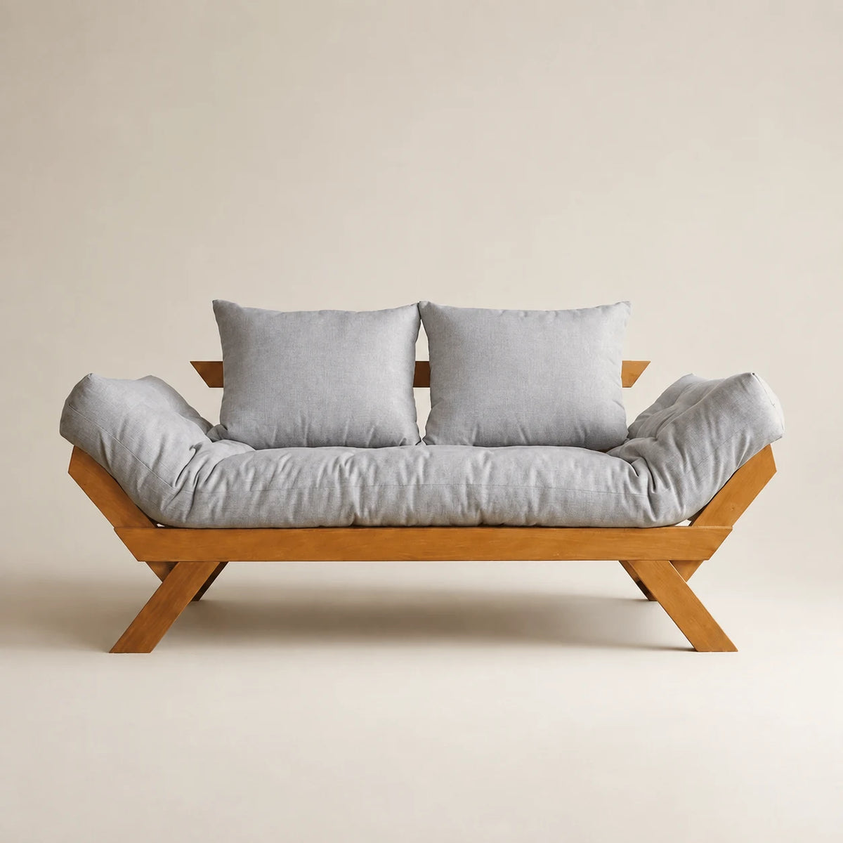 Sof� Cama Reclin�vel Futon Jap�o 1,40 - Madeira Mel Tecido Acquablock Cor Cinza linho