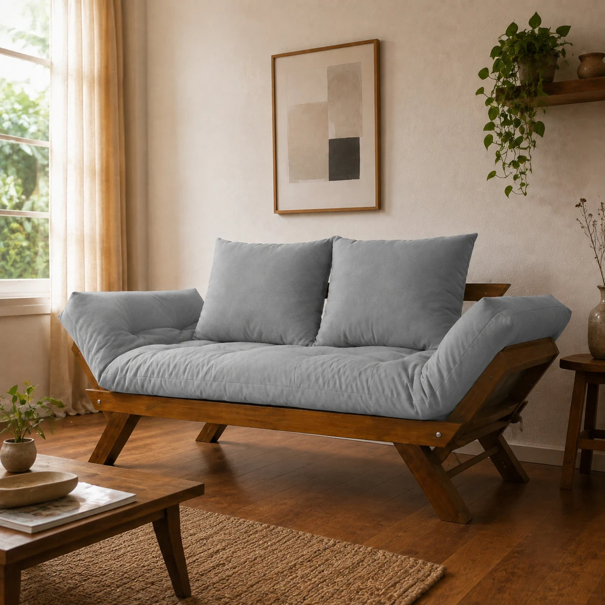 Sof� Cama Reclin�vel Futon Jap�o - Madeira Imbuia Tecido Acquablock Cor Cinza Linho - ambientada