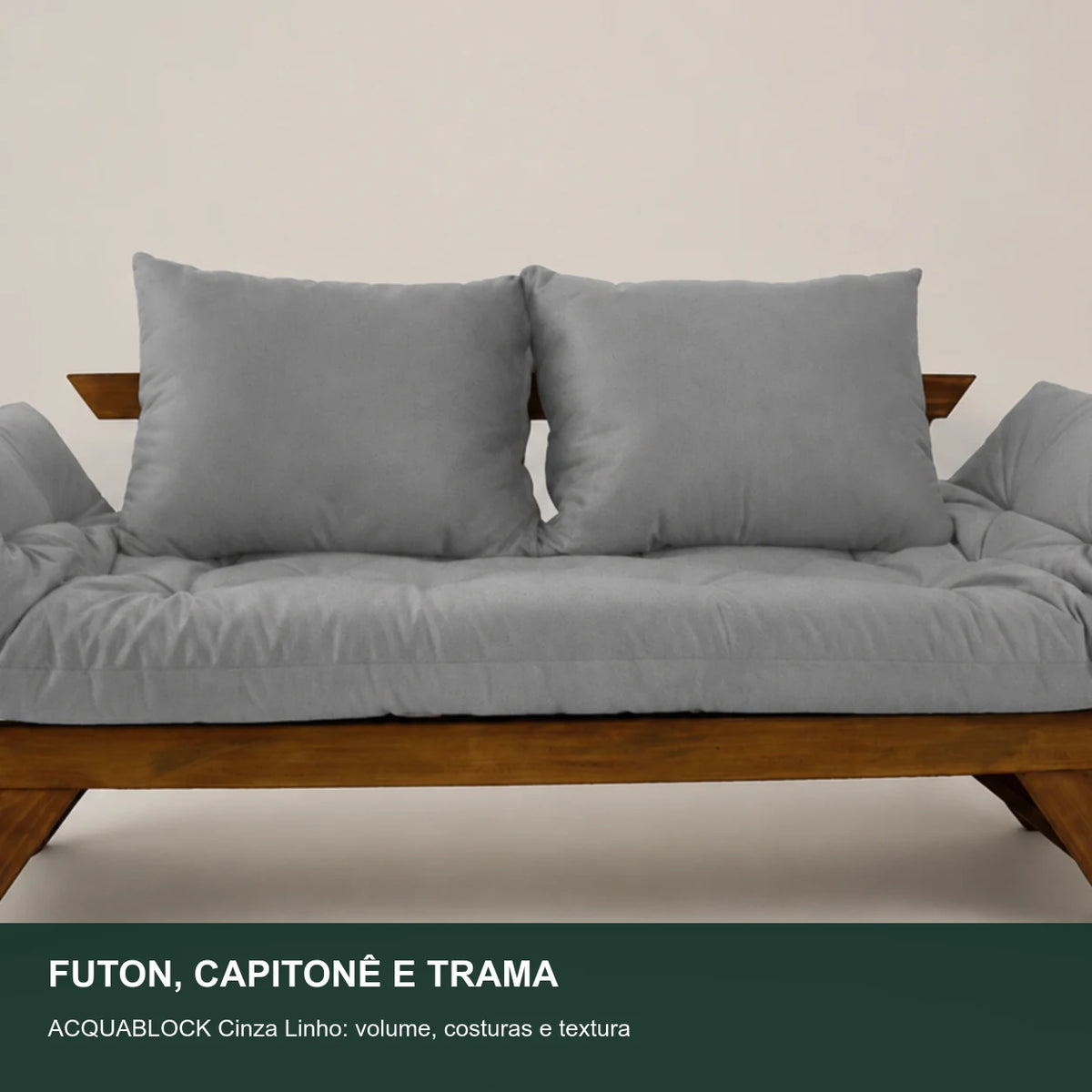 Sof� Cama Reclin�vel Futon D33 Jap�o - Madeira Imbuia Tecido Acquablock Cor Cinza Linho - detalhe-capitone