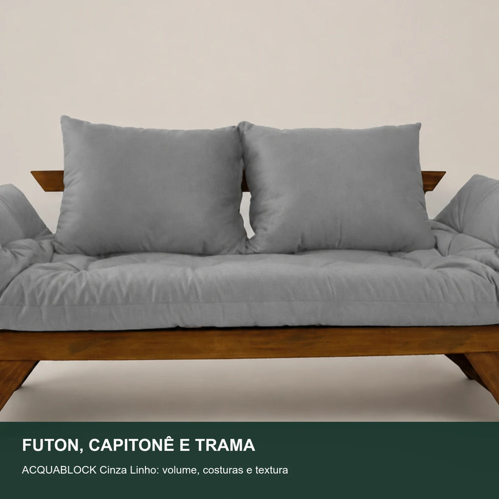 Sof� Cama Reclin�vel Futon Jap�o - Madeira Imbuia Tecido Acquablock Cor Cinza Linho - detalhe-capitone