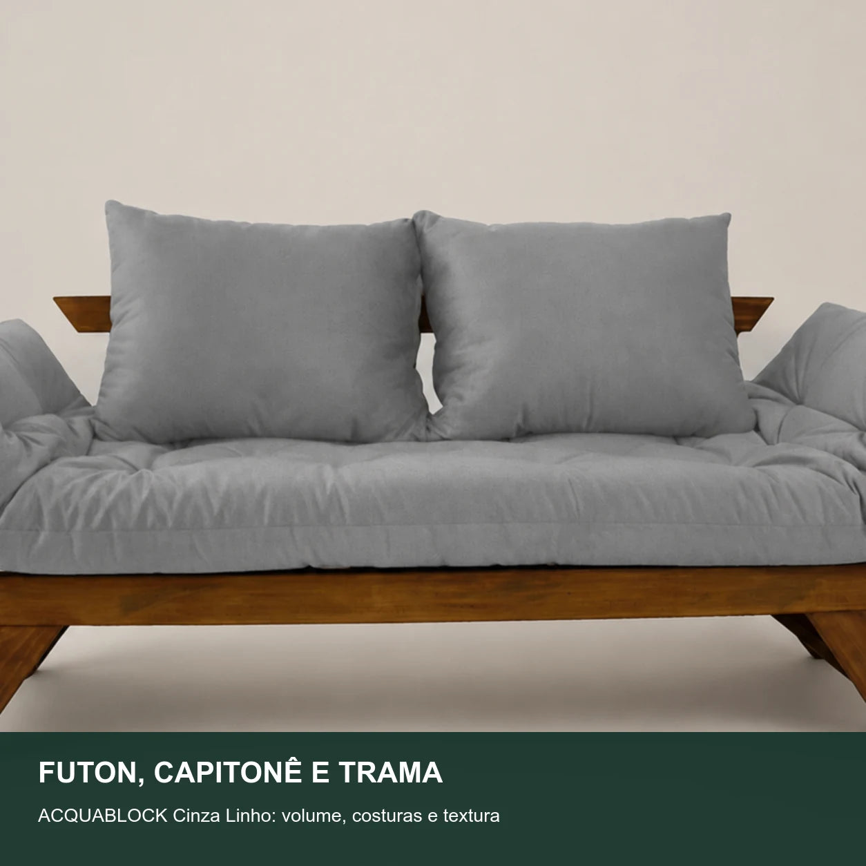 Sof� Cama Reclin�vel Futon Jap�o - Madeira Imbuia Tecido Acquablock Cor Cinza Linho - detalhe-capitone